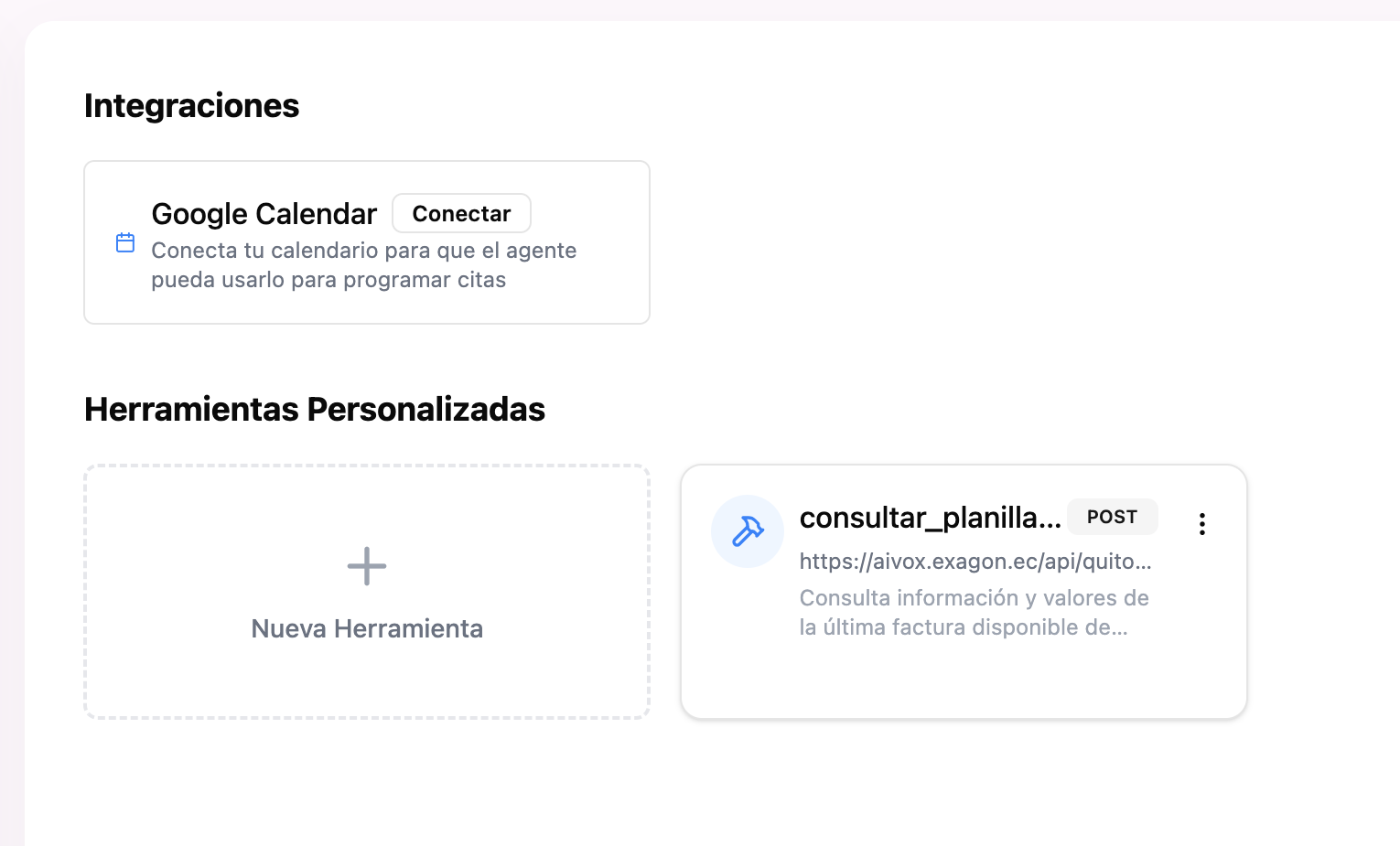 Panel de integraciones de Aivox con Google Calendar y herramientas personalizadas