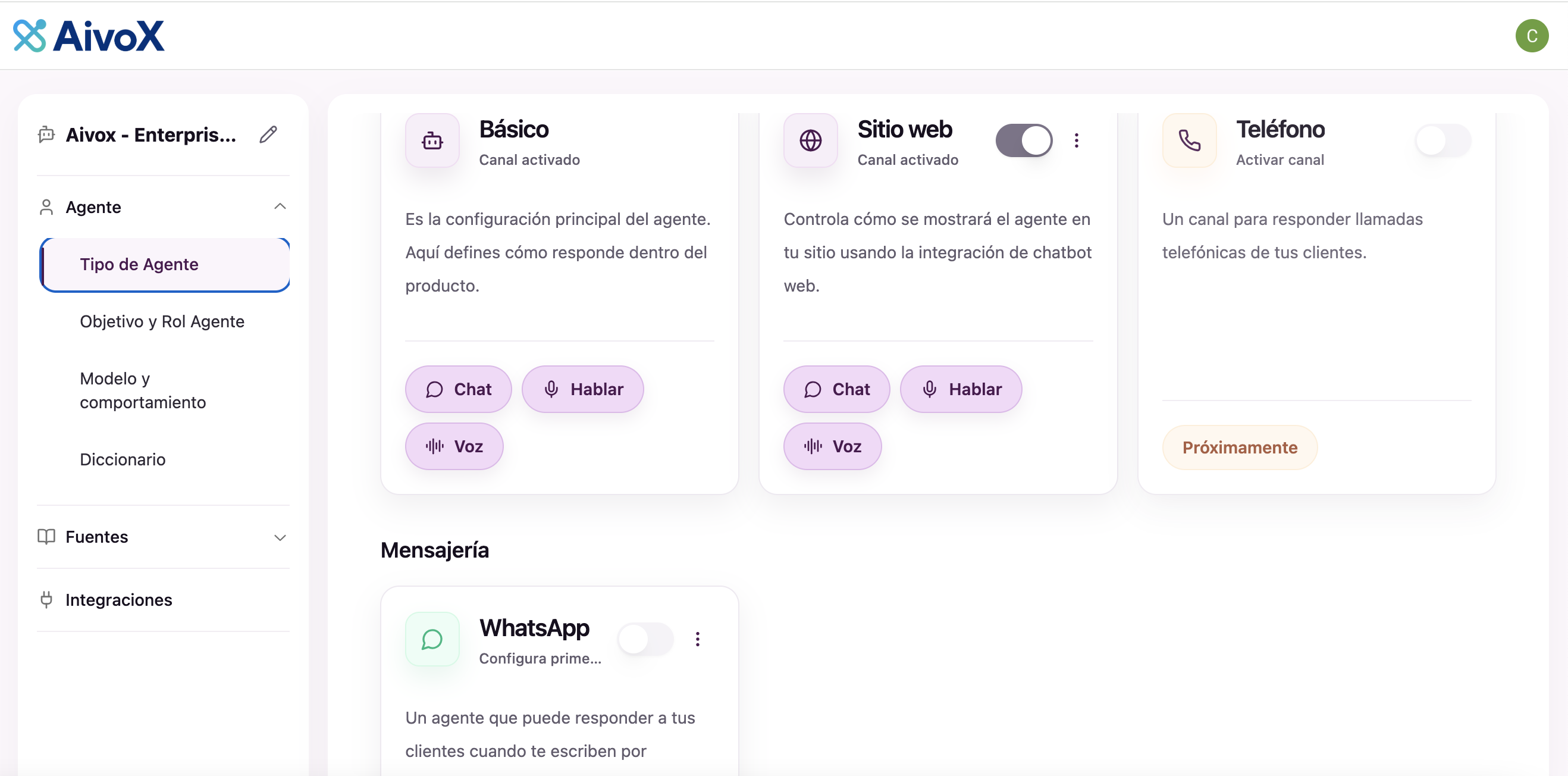Configuración de tipo de agente y canales web, voz, teléfono y WhatsApp en Aivox